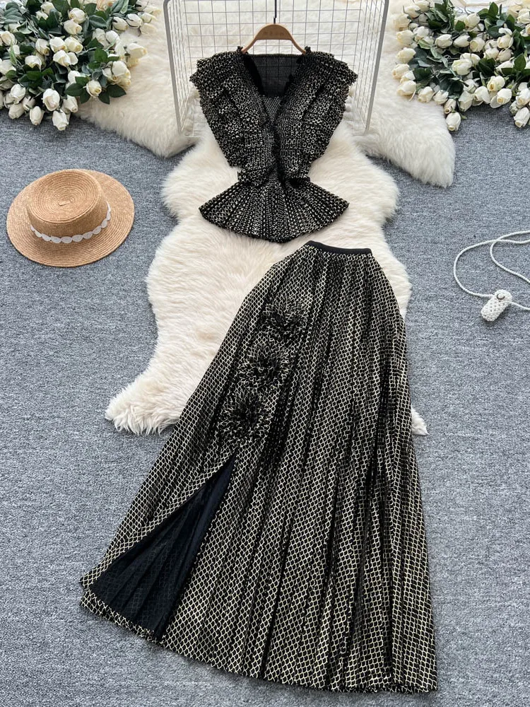 

Faionable Tee-Part Set Women's Summer Lightweight Waist-Cinching Pleated Top High Waist Pleated Skirt Ensemble