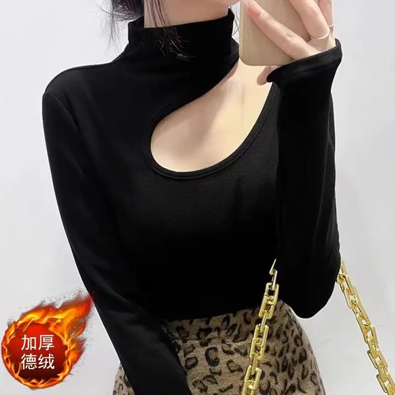 

2023 New Solid Tops Ladies Fashion Slim Turtleneck Pullovers Autumn Winter Thin Undercoat T-Shirts Hollow Out Women's Clothing