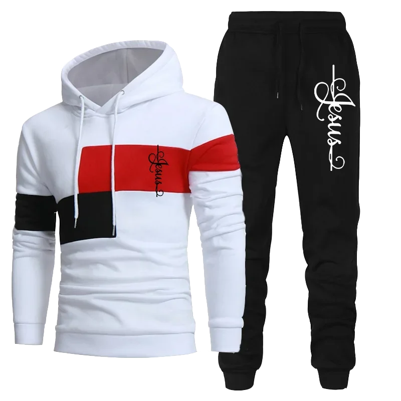 Male Clothing Plus Size Men\'s Autumn Winter Patchwork Hoodie Pants 2Pieces Sets Jesus Print Casual Tracksuit Fashion Sportswear