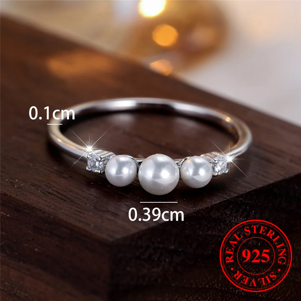 Female Real 925 Sterling Silver Round Pearl Engagement Ring Vintage Wedding Jewelry For Women