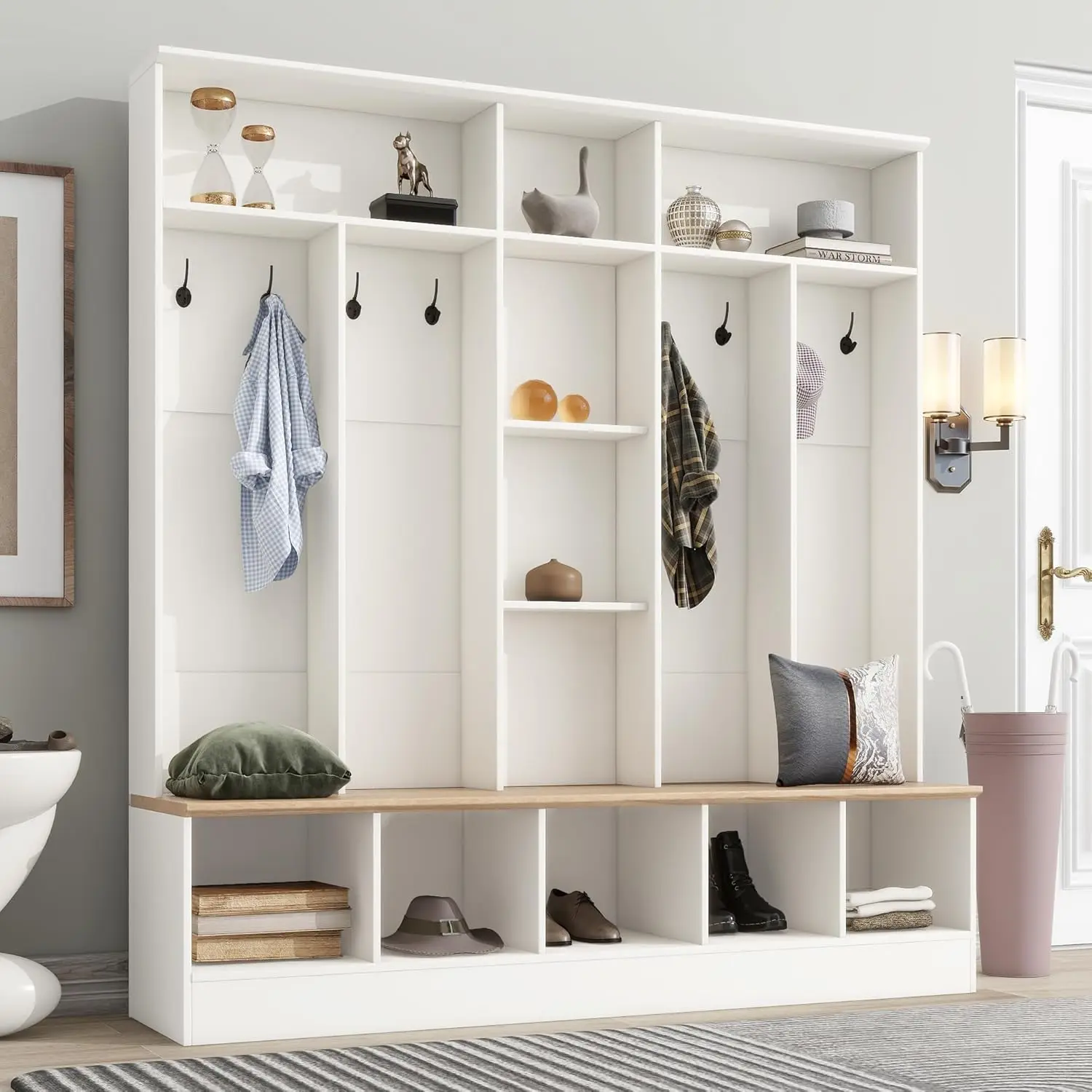 

Wide Hall Tree with Shoe Storage Bench, Minimalist Entryway Bench with Coat Rack, Cube Storage and Shelves, clothes rack stand