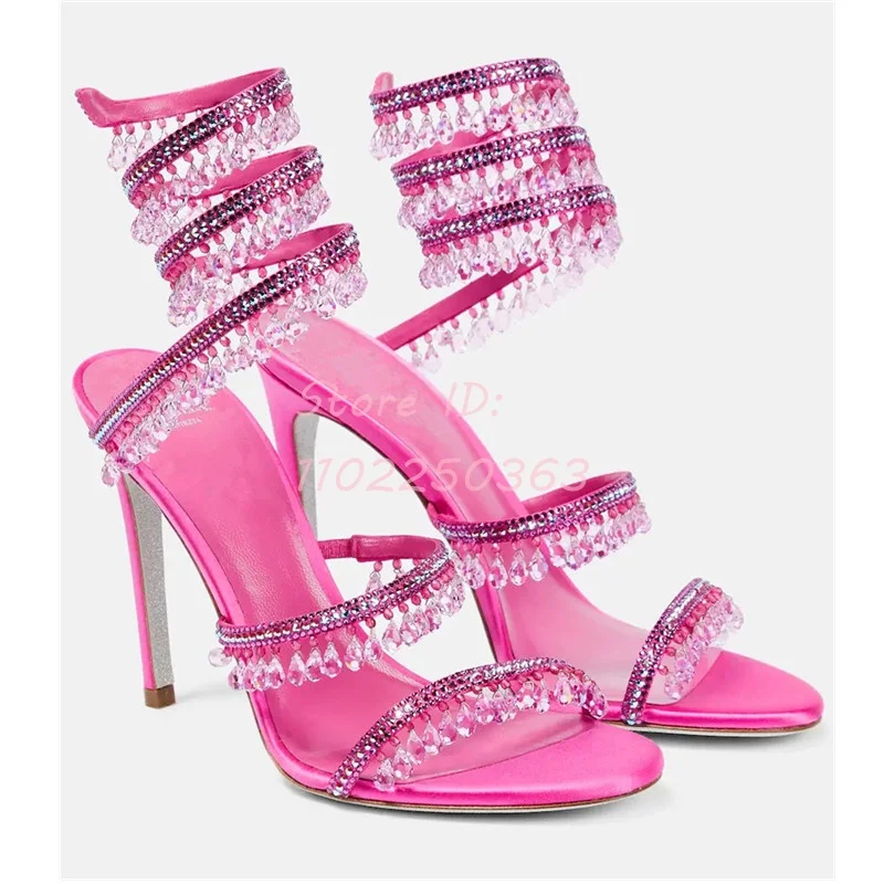 Snake-shaped Crystal Tassel Stiletto Sandals Open-toed Winding Pendant Thin High Heeled Roman Sandals Women Sexy Shoes 2024