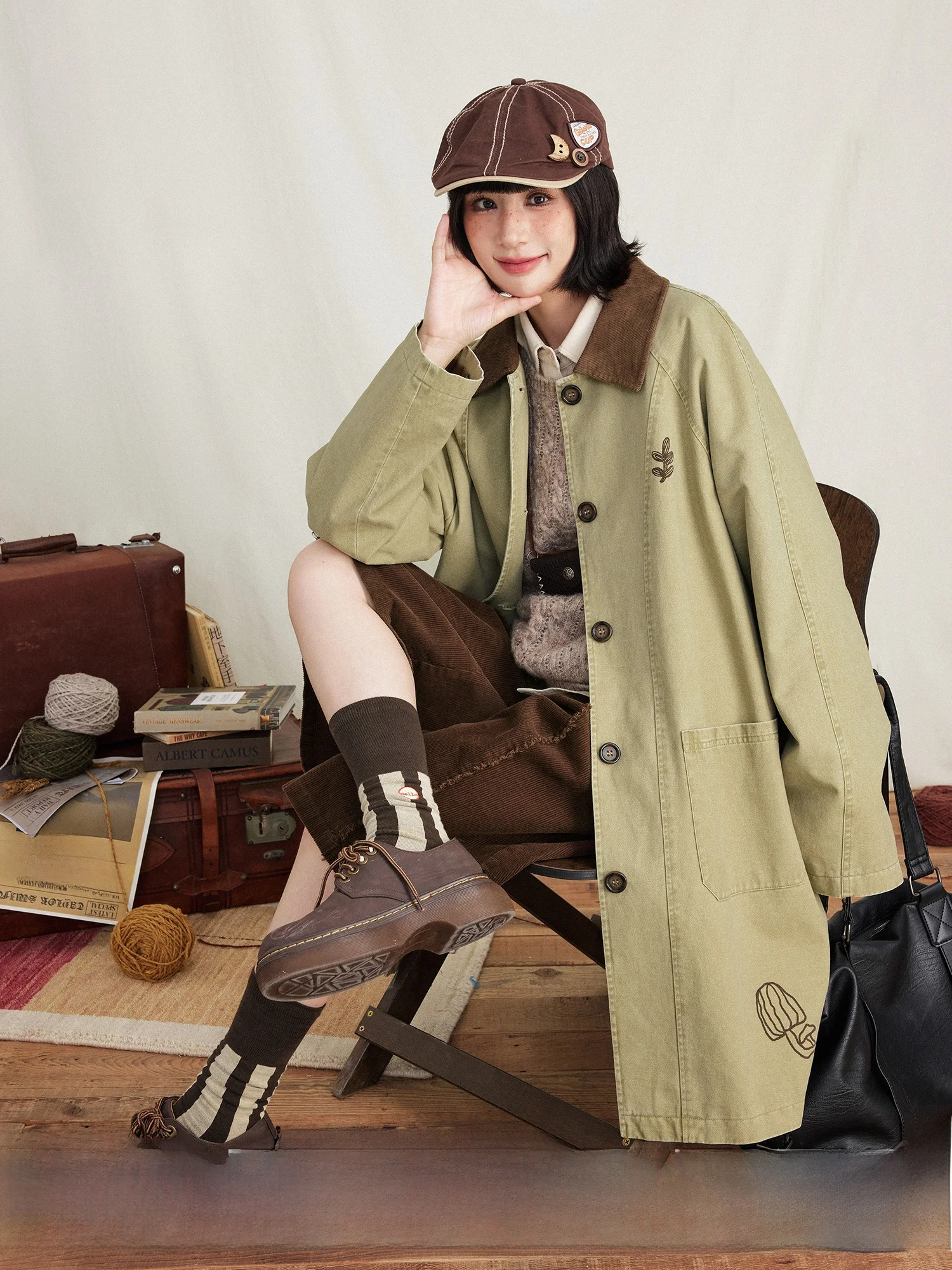 

Heavyweight Cotton Pure Cotton Loose Fit Musoom Print Windbreaker Jaet Korean Sle Casual Faion Women's Autumn Coat