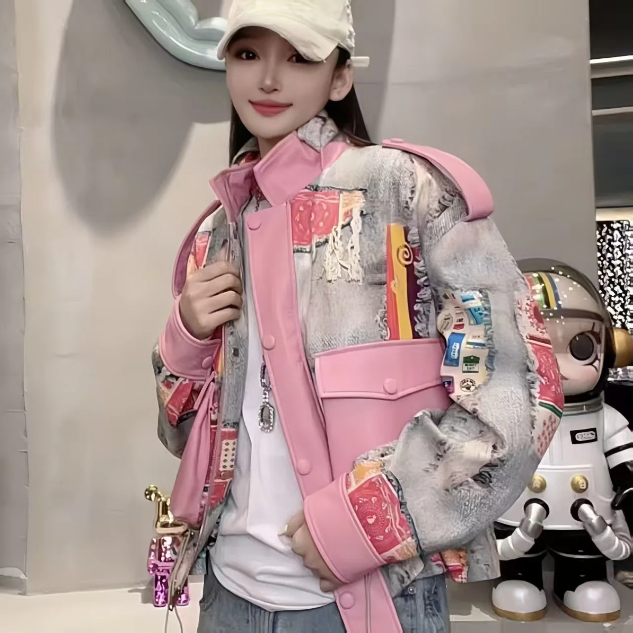 Women's Faux Leather Jacket,Stand Collar Outerwear,Adjustable Waist Tops,Print Doodle Coats,Female Clothing, Autumn,Winter,New