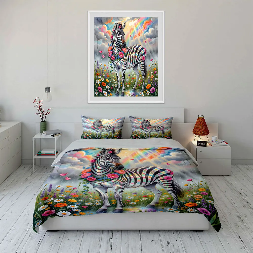 Zebra with rainbow, flowers, meadow Print Soft Comfortable Duvet Cover Bedding Set Included 1*Duvet Cover  2*Pillowcases