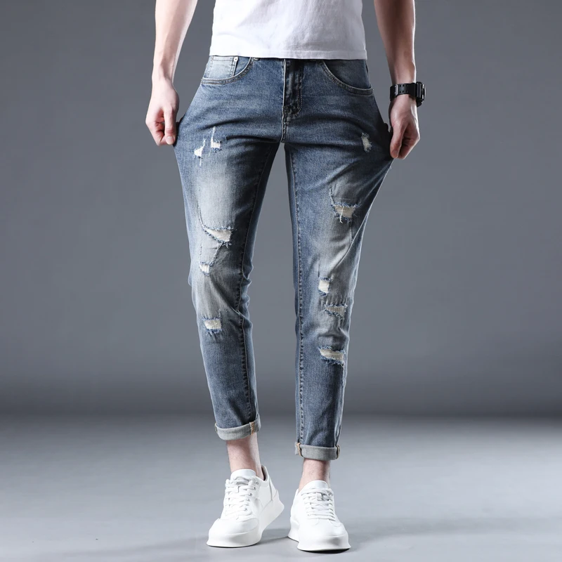 

Ripped Jeans Men Skinny Fit Dark Blue Hip Hop Denim Pants Stretch Streewear Ankle Lenth Pants For Man 2024 Summer Cowboys