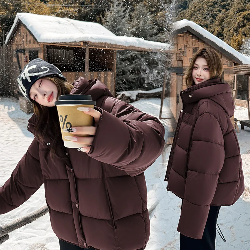 

Down Cotton-Padded Jacket Women Winter 2025 New Korean Overwear Thick Warm Cotton Padded Coat Short Hooded Bread Outwear Female