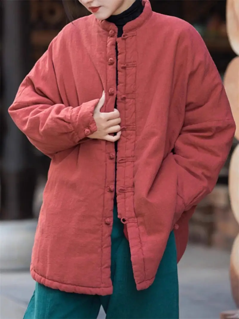Women's Chinese Retro Ethnic Thin Quilted Jacket - Cotton Linen Blend Artistic Zen Coat with Buckle Design for Winter G367