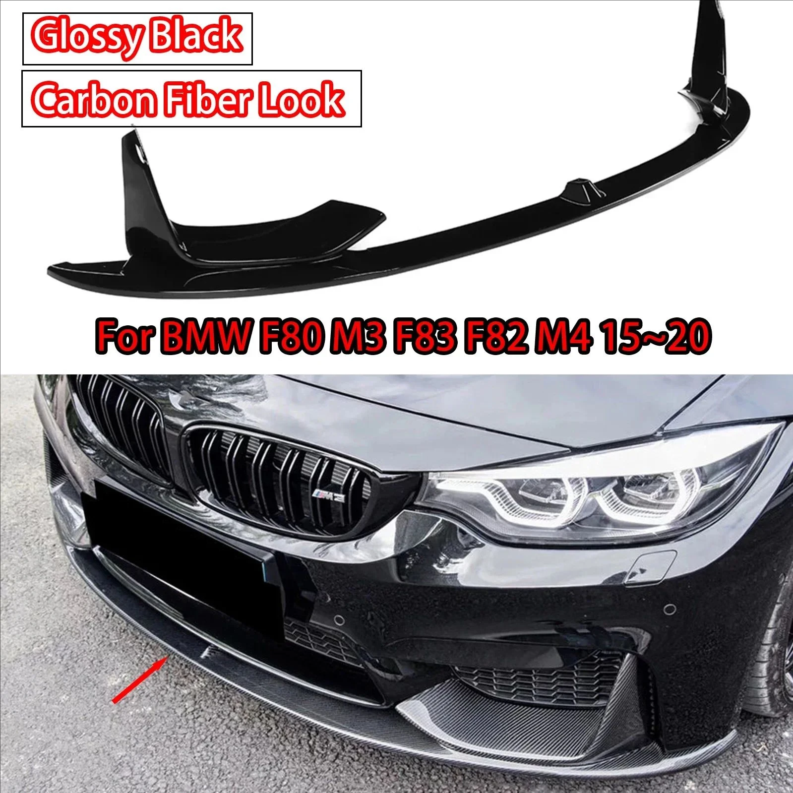 Car Front Bumper Lip For 2015-2020 BMW M3 F80 M4 F82 F83 MP Style Splitter+Side Splitter Coner Glossy Black Carbon Fiber