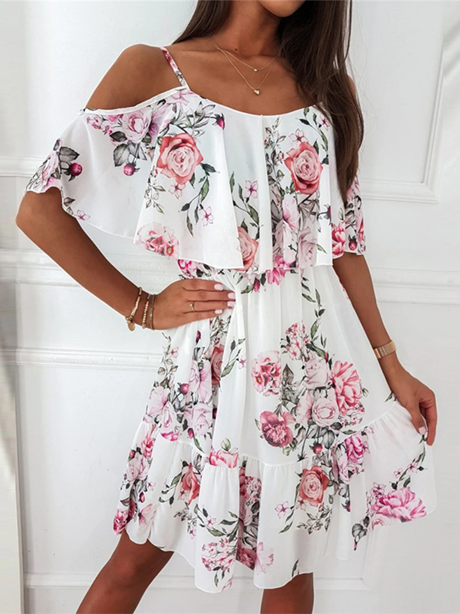 Gợi Cảm Dây Đeo Người Phụ Nữ ĐẦM MÙA HÈ Áo Voan Hoa In Lệch Vai Sundress Voan Chữ A Bãi Biển Boho Áo Vestidos