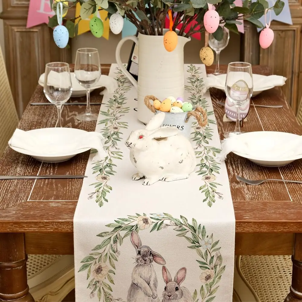 Easter Bunny Rabbit Leaf Floral Linen Table Runner Holiday Party Decor Spring Farmhouse Dining Table Runner Easter Decorations