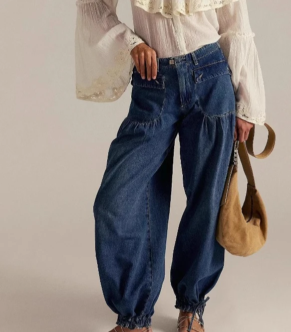 

2025 New Style Ruffled Mid-Waist Loose-Fitting Wide Leg Lotus Denim Pants for Women
