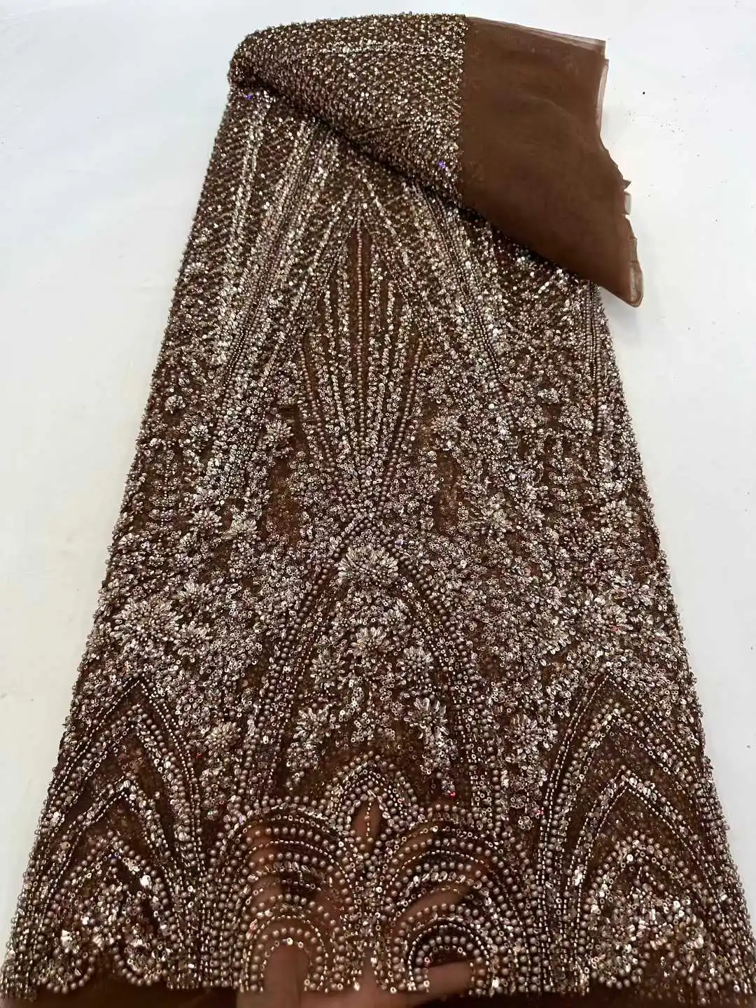 Gold Luxury Precious French Handmade Heavy Beaded Lace Fabric High End African Nigerian Sequin Lace Wedding Party Dresses