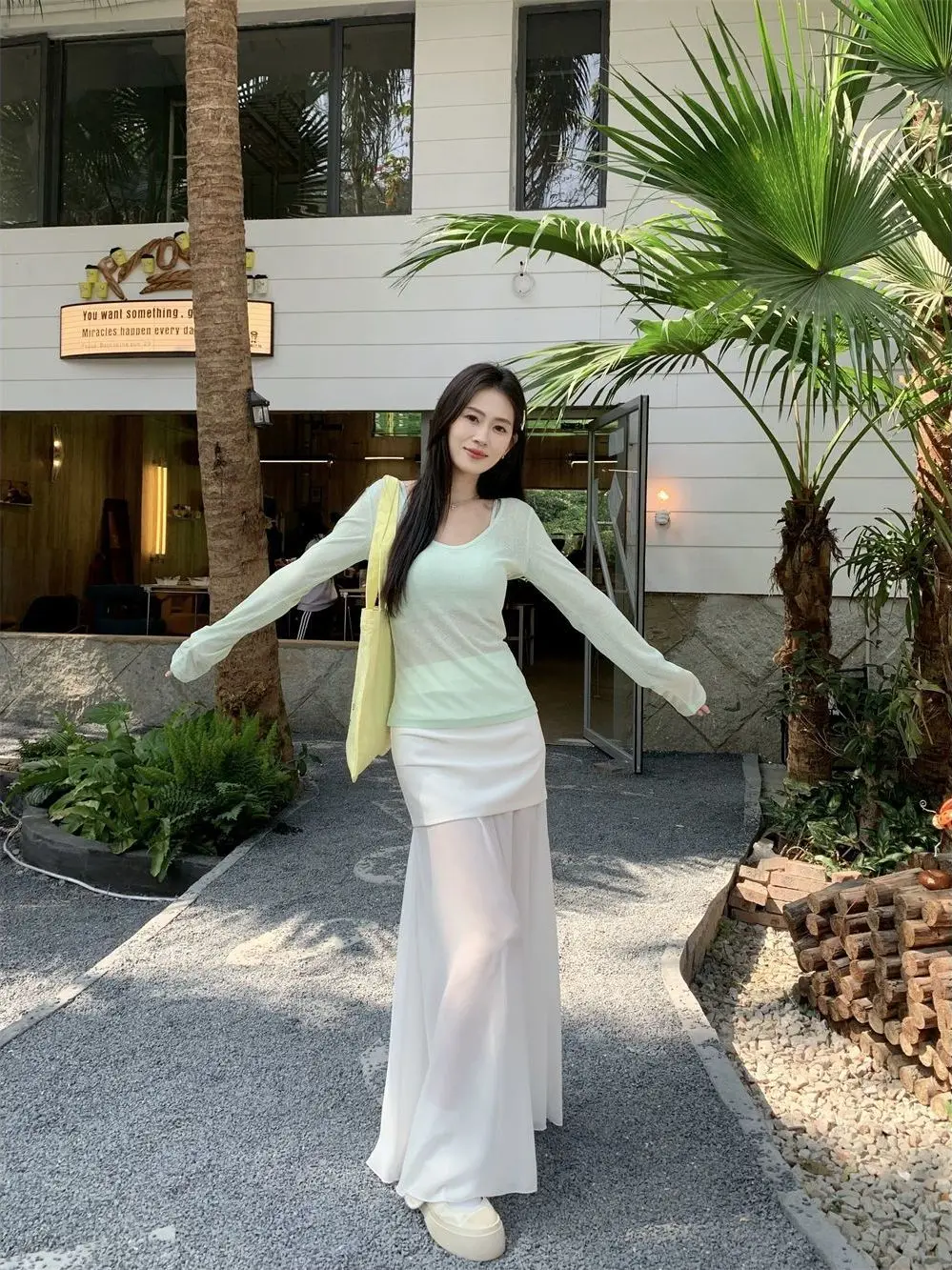 

Green Collar Long Sleeve Women's T-Shirt Thin See-through Slim Fit Sun Protection Top Spring Summer Two-piece Set Base Layer