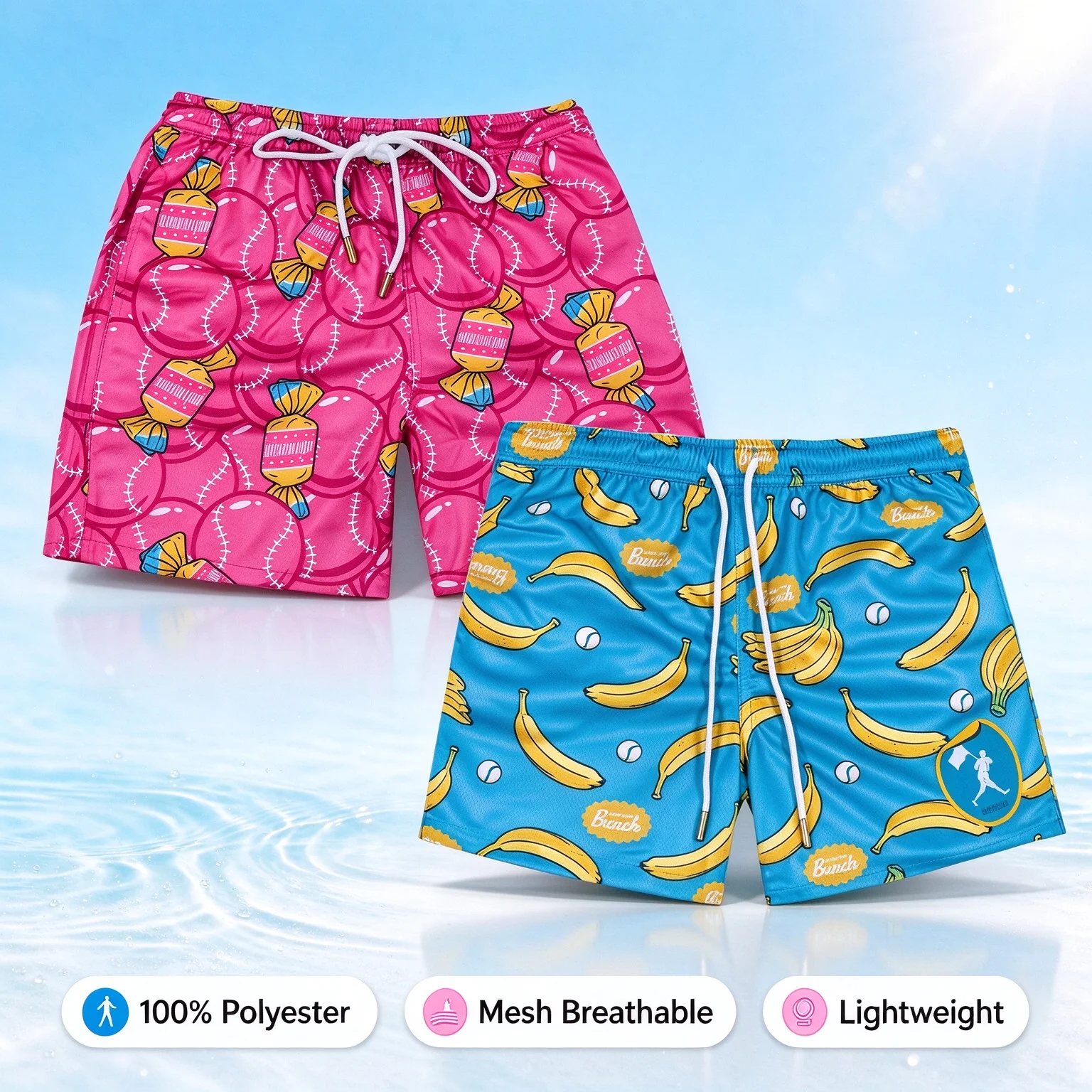 Men's and Women's Printed Shorts Pink Blue Candy Banana 3D Printed Mesh Breathable Lightweight Casual Sports Beach Shorts