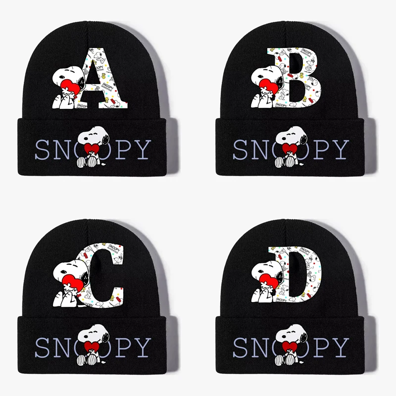 Snoopy Knitted Hat Cute Letter A-Z Printed Women Men Autumn Winter Elastic Cartoon Anime Personality Design Beanies Caps Gifts