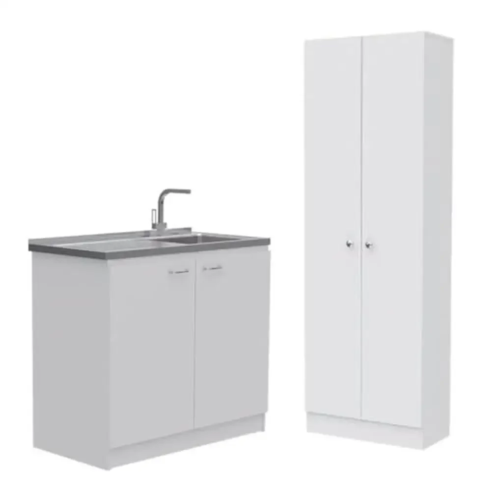 White Kitchen Storage Set Pantry Cabinet & Utility Sink Cabinet Combo