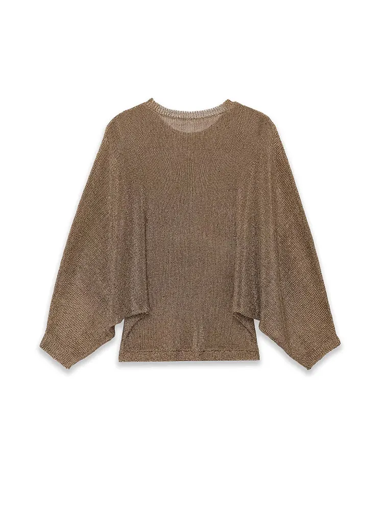 Nlzgmsj 2026 신상 섹시한 골드 니트 탑 홀로우 아웃 루즈 풀오버 여성용 O넥 배트윙 슬리브 여성 스웨터