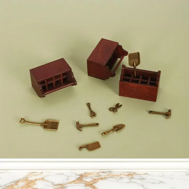 Dollhouse Miniature Tool Set Metal Hammer Pliers Wrench Kit With Wooden Tool Box For Micro Scene Model DIY Decoration Accessory