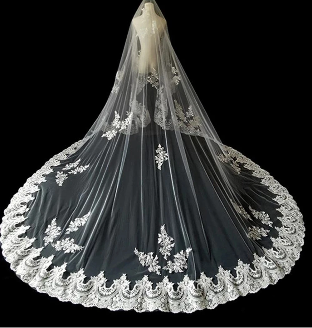 Voile Long blanc ivoire De 5m à bord en dentelle pour mariage, avec peigne, accessoires De mariage