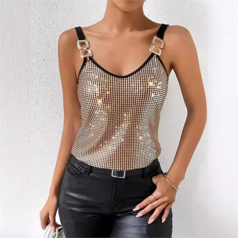 New Style Sequin Chain Camisole For Women Summer V Neck Glitter Tank Tops Fashion Loose Sexy Backless Party Vest Women's Tanks