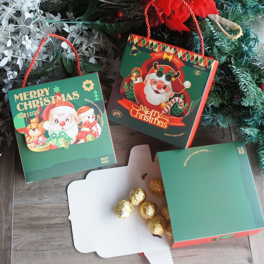 

5 Pcs Green Christmas Santa Bring Gift Design Paper Box with Handle Candle Candy Cookie Candle Chocolate Gift Packaging Use