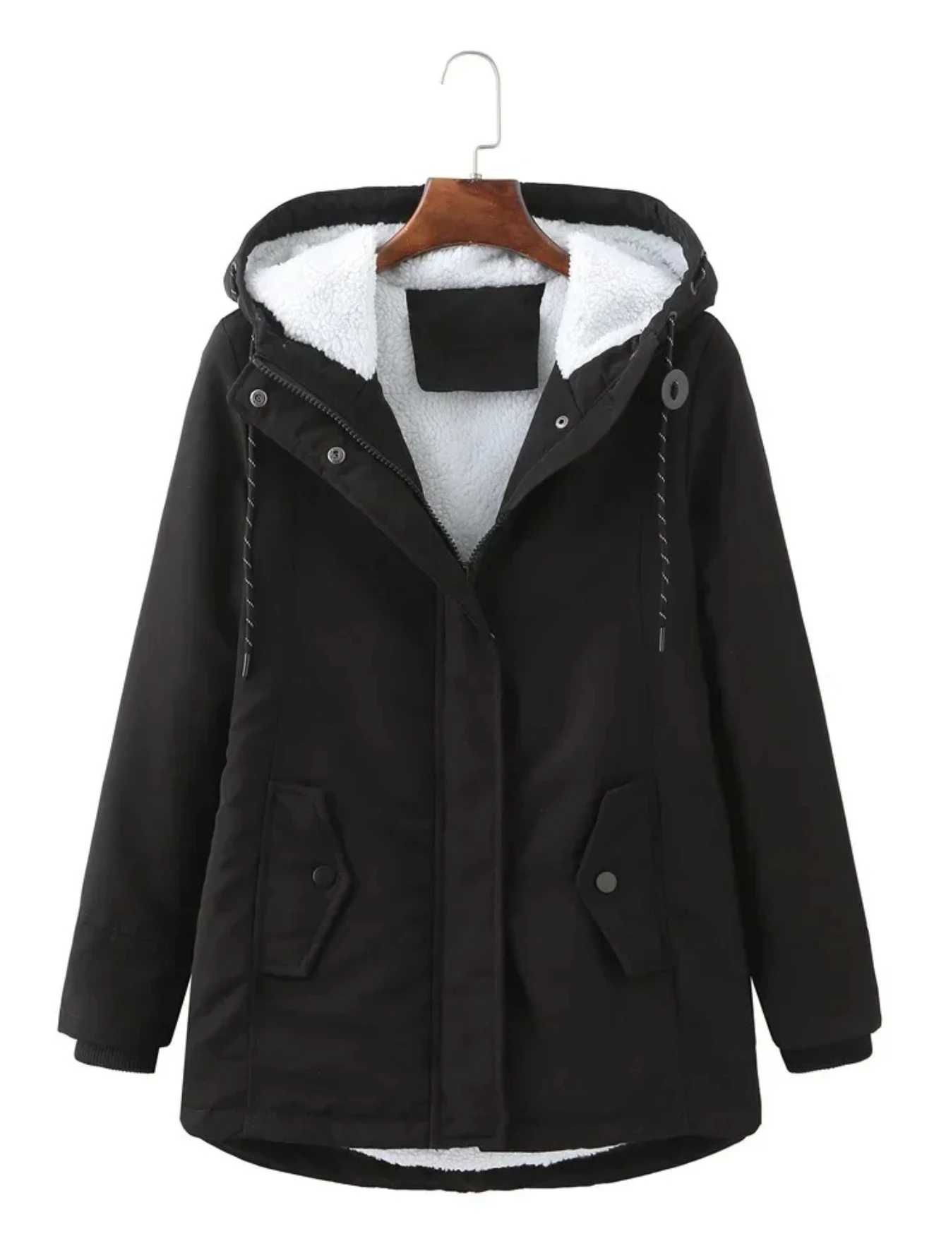 

Women's Fleece Jacket with Hood, Winter Warmth, Belted Cotton Coat