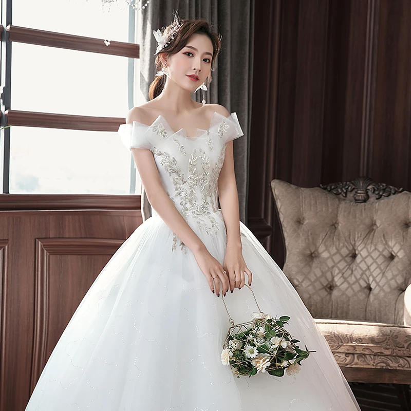 simple-elegance-one-shoulder-wedding-dress-korean-style-floral-netting-skirt-slimming-a-line-summer-new-arrivals-bridal-gown