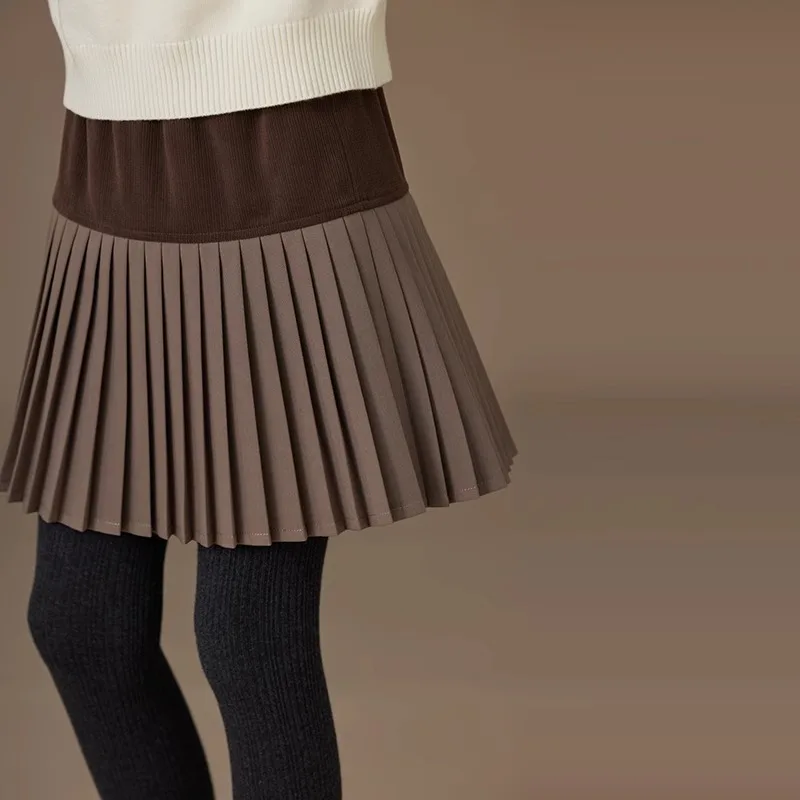 Childern's Skirt Brown Pleated Mini Skirts Sexy Teen Gril's Shorts Culotte Street Campus Outfit Brown and Khaki Patchwork Bottom