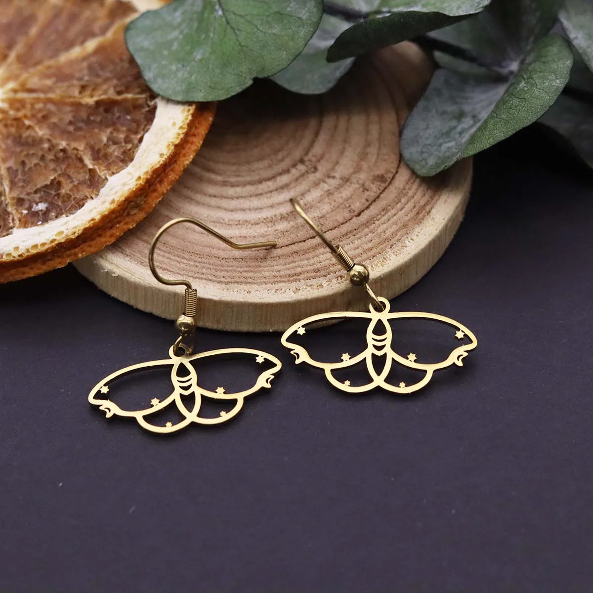 Chandler Gold Luna Moth Earrings Stainless Steel Insect Earrings Hollow Butterfly Dangle Celestial Jewelry Girl Gift