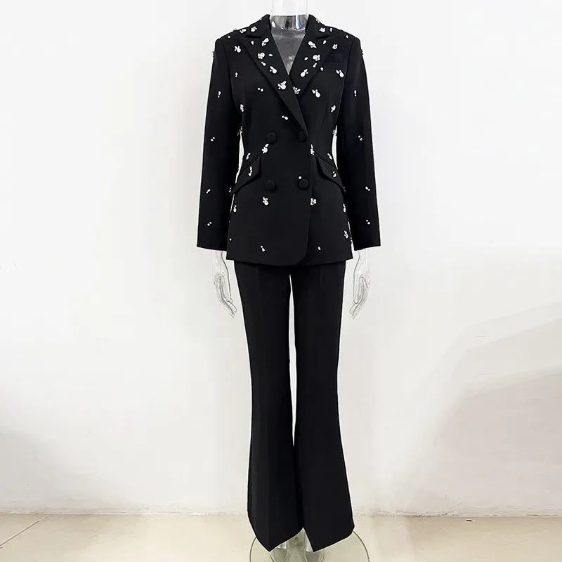 Luxury Women Black Rhinestone Embellished Blazer Set Double Breasted Jacket & Flared Pants 2piece Suit Elegant Office Lady Style