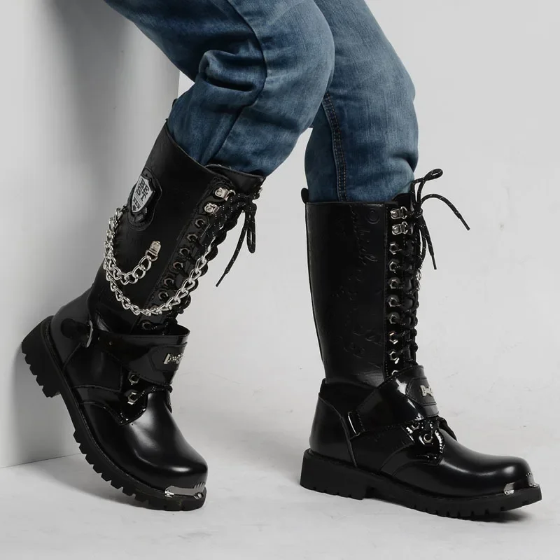 

Men's Gothic Punk Boots Fashion Leather Motorcycle Boots New Chain Mid-calf Platform Boots for Men Designer Biker Shoes Zapatos