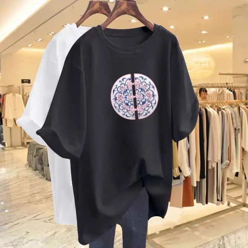 Summer New Chinese Style Pure Cotton Short Sleeve Basic T-shirt Women Fashion Casual O-neck Printing Top Tee Oversized Pullovers