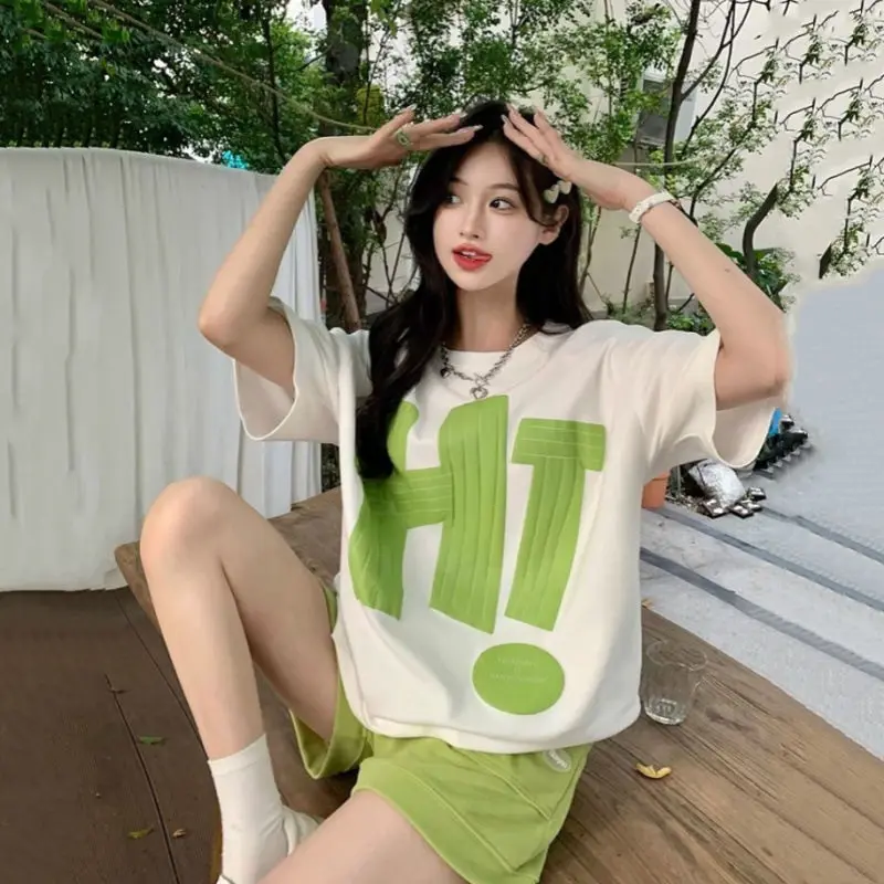 

Women Summer Casual Suit Ladies Fashion Letter Printing Short Sleeve T-Shirt Simplicity Solid Color Trend Shorts Two-piece Set
