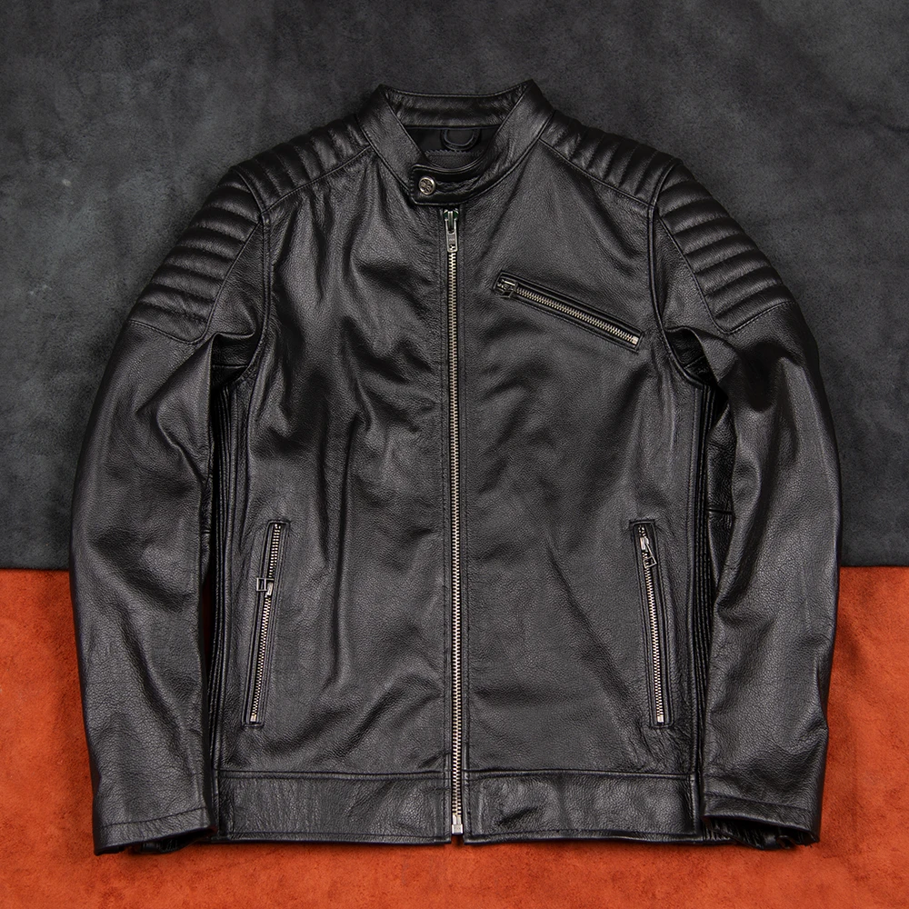 2023 New Top-Layer Cowhide Genuine Leather Jacket Men\'s Slim-Fit Stand-Up Collar Motorcycle Leather Jacket Casual Retro Fashion