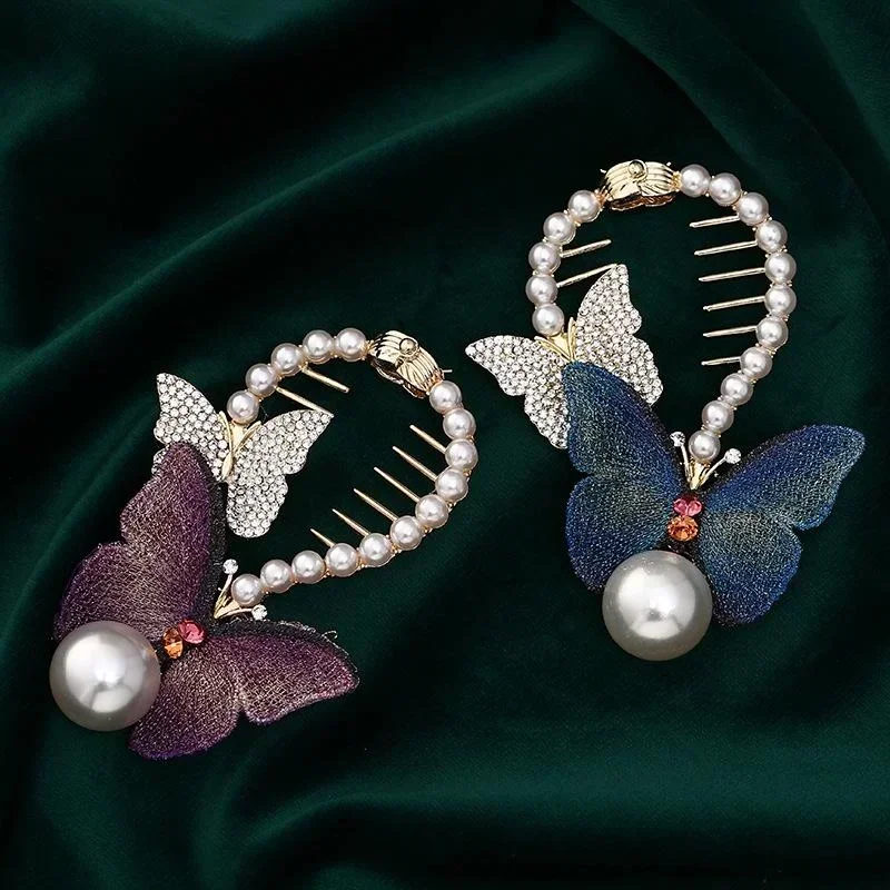 Women Summer Fashion Elegant Temperament Ball Hair Clip Embroidered Butterfly Pearl Ponytail Clip Headdress Jewelry Accessories