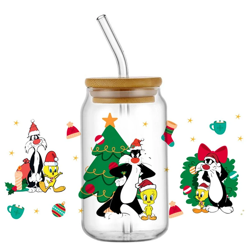 Miniso Christmas Tweety Decal UV DTF Transfer Glass Sticker Waterproof Merry Xmas Cartoon Design for 16oz Glass Cup Wrap Sticker