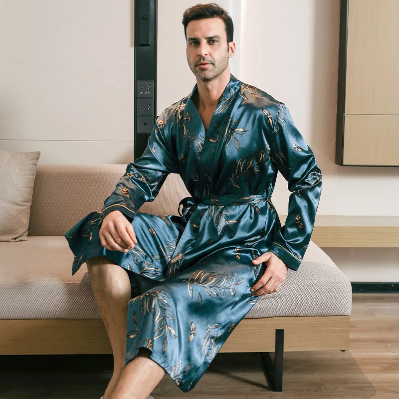 Men Sleepwear Ice Silk Bathrobe Kimono Intimate Lingerie Male Summer Spring Home Clothes Loose Nightgown Print Sleepwear