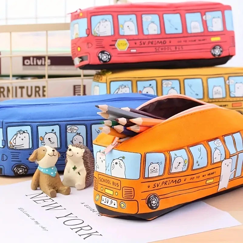 

Cartoon Bus Pencil Bag Canvas Large Capacity Knitting Needles Case Crochet Hooks Storage Bag Sewing Tool Pencil Case