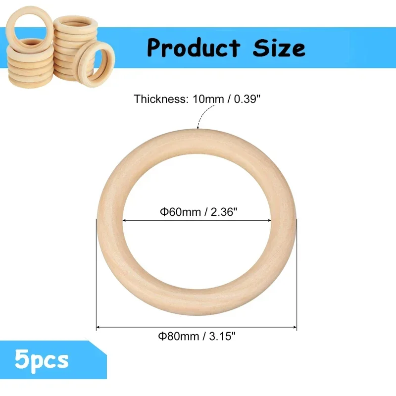 5pcs 80mm Natural Wood Rings, Unfinished Blank Macrame Ring Wooden Circle for DIY Craft Painting Pendant Connectors Home Decor