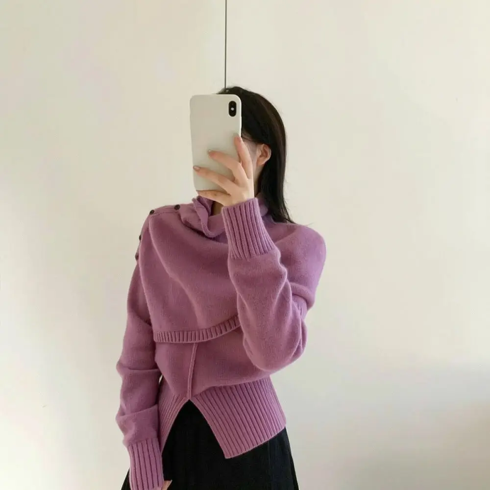 Fashion Knitted Sweater Two Piece Set Women Autumn Winter Detachable High Collar Cape Loose Casual Soft Elegant Pullover