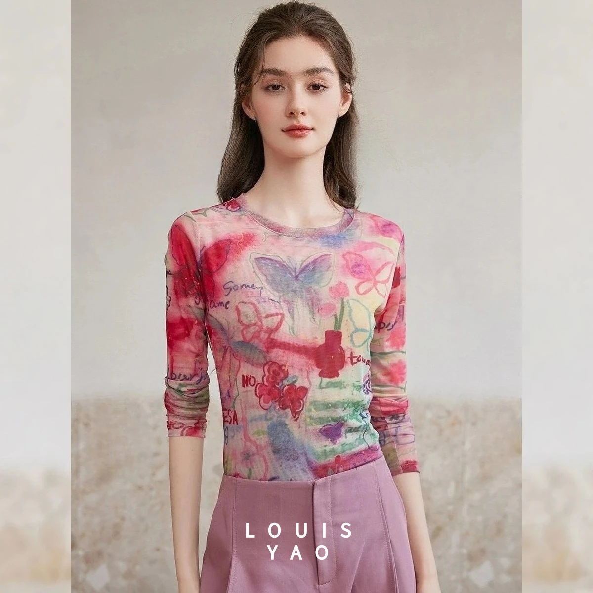 

LOUISYAO 2026 Spring Full Print Women T Shirt Slim Fit Long Sleeve Elastic Regular Shoulder Casual Outer Wear Daily Top