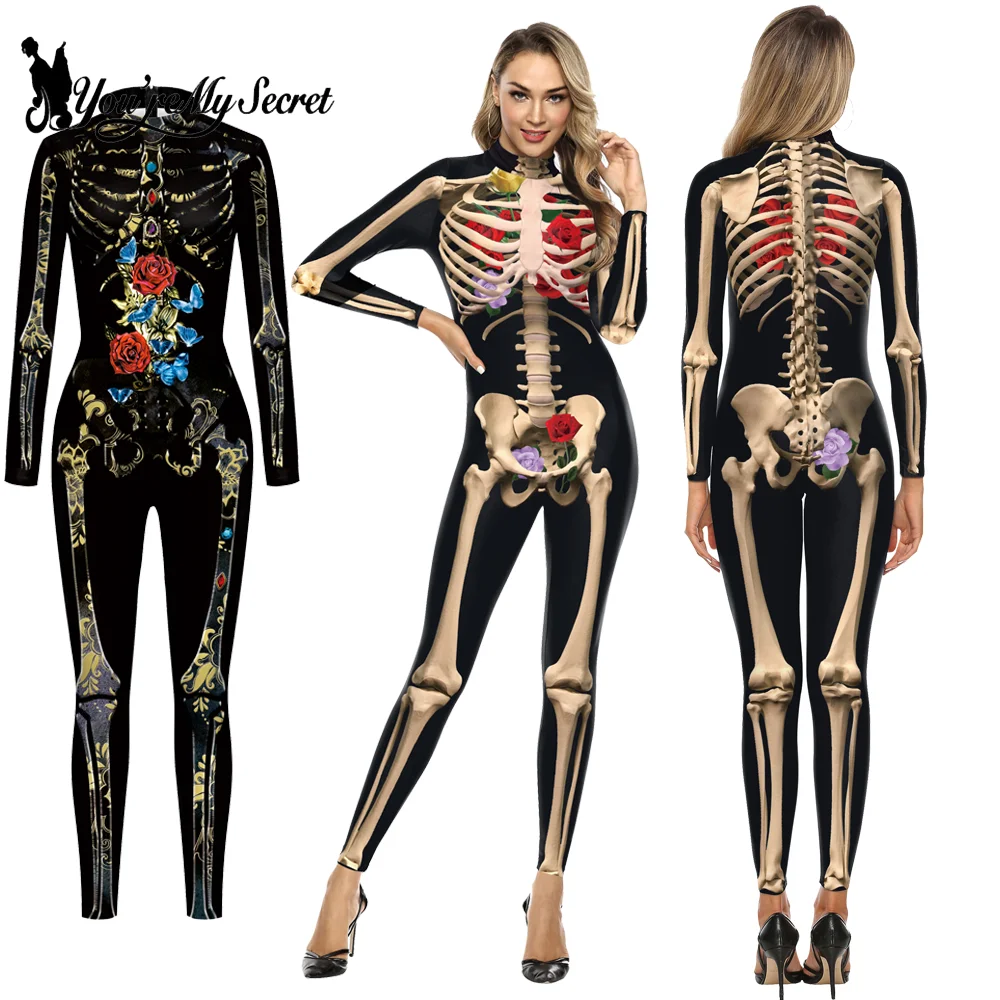 

[You're My Secret] Rose Skeleton Scary Skull Zombie Printed Long Sleeve Jumpsuit Day of The Dead Halloween Party Cosplay Costume