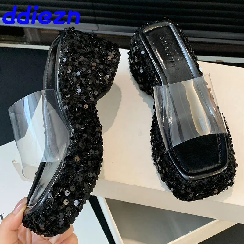 

Шикарные Модные прозрачные женские танкетки 2024, женские шлепанцы, обувь на толстой подошве, женские шлепанцы на танкетке