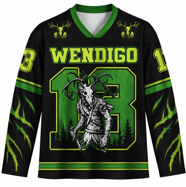 Unisex Long Sleeve V Neck Jersey Black Green Forest Wendigo Creature Graphic Shirt Horror Halloween Party  Streetwear Tops