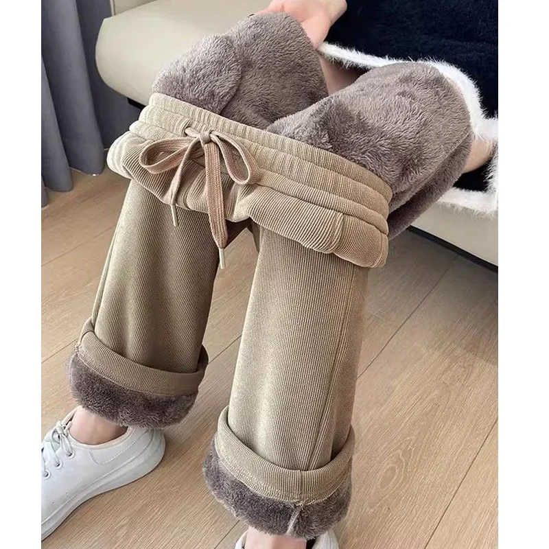 Winter Girls Solid Thicken Fleece Pants Lady High Waist Snow Warm Plush Trousers Women Korean Thermal Velvet Casual Pants