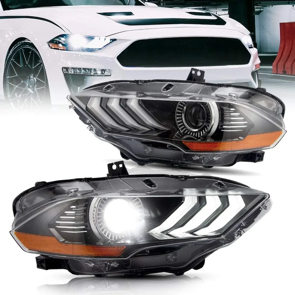 

Led Headlights Compatible with Mustang 2018 2019 2020 Projector Front Lamp Assembly with Dual Beam Len, Driver+Passenger S