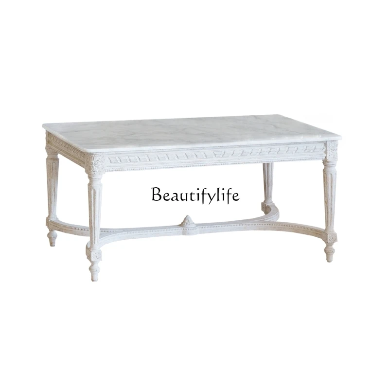 

3European solid wood carving flower coffee table French retro old tea table marble coffee table