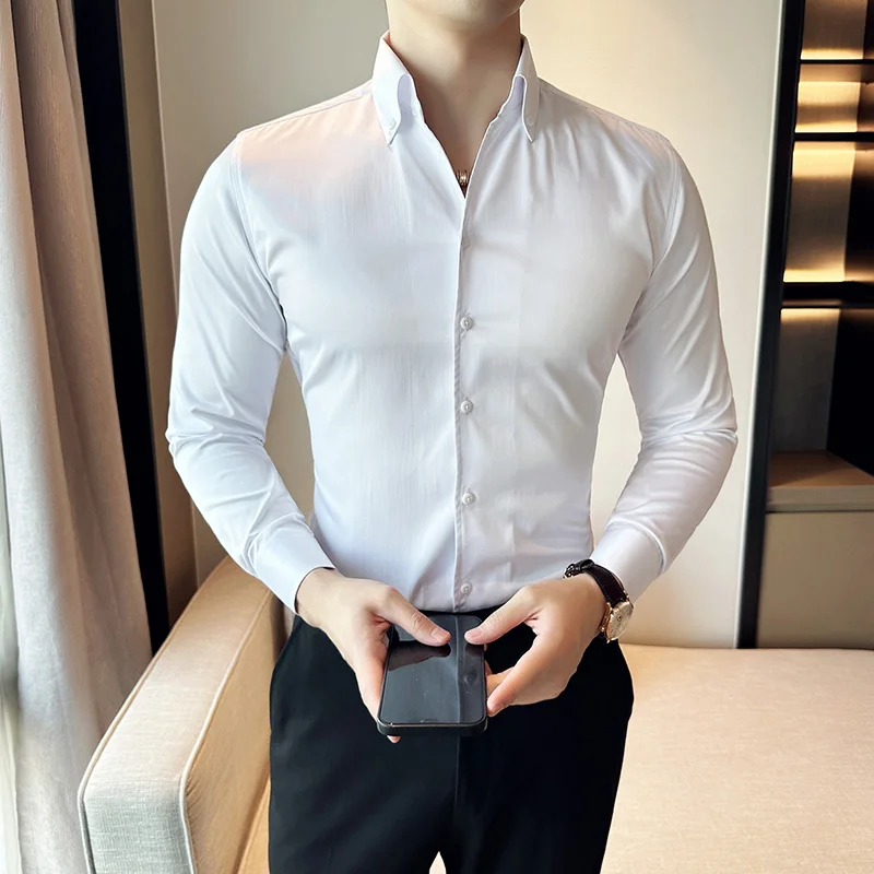 Korean Black White High Quality Solid Color Long Sleeve Shirt Men Business Slim Fit Casual Shirts Formal Office Social Party Top