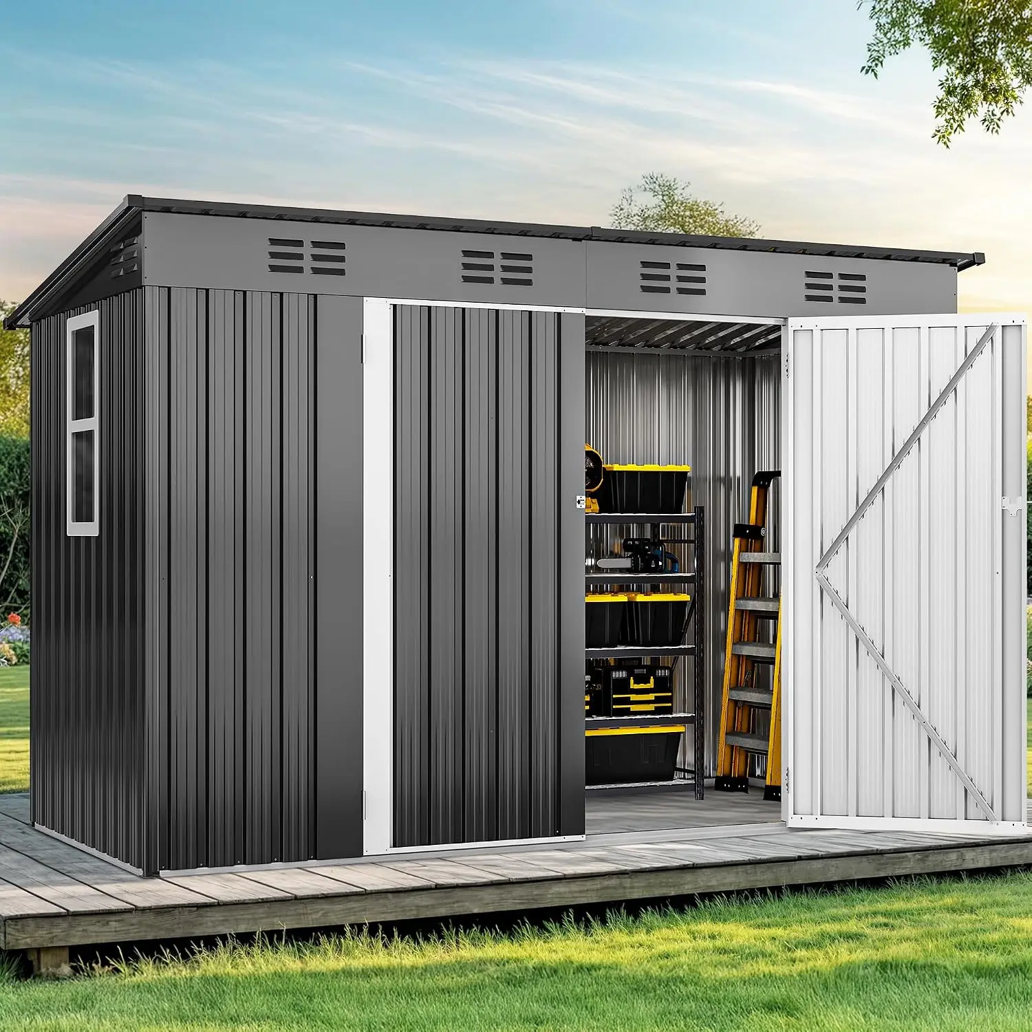 9' x 4' Outdoor Storage Shed with Windows, Lockable Double Doors, Sloped Roof, Heavy-Duty Steel Shed for Garden &, Custom